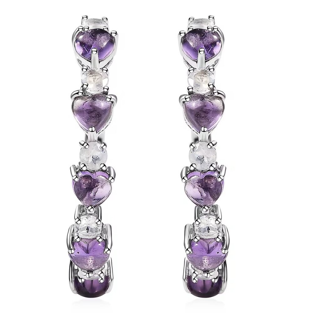 African Amethyst and Rainbow Moonstone  Hoop Earrings